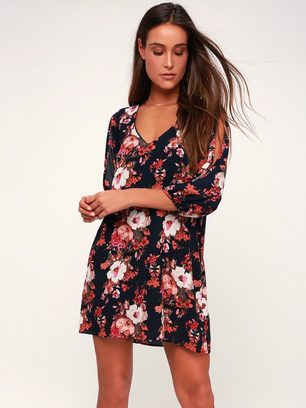 Lulus Shifting Dears Navy Blue Floral Print Dress S Wedding Guest Fall Floral